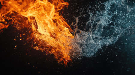 Fire and water colliding with black background -の素材