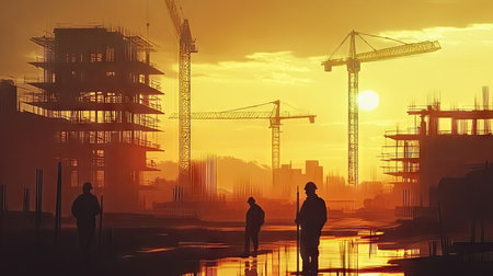 Engineer workers on background of construction cranes on background.の素材