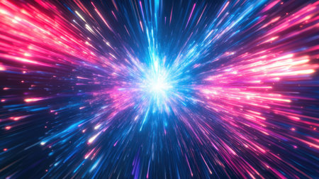 Explosion colorful rays. Shine dynamic scene. Magic moving fast lines. Hologram display. Bright blurred waves. Stylish space bright fantasy abstract background. Future tech. 3D illustration.の素材