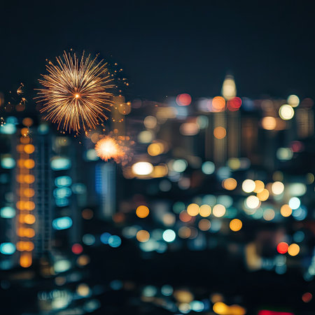 Fireworks show under defocus or blur concepts with isolated black background at night, this celebration is for the International Fireworksの素材