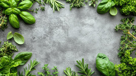 Fresh raw vegetables and herbs, such as basil and rosemary, forming a natural frame around a gray stone surface. Ideal for organic food designs with text space. -の素材