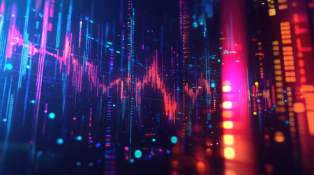 Futuristic 3D financial graph with abstract elements and vibrant data representation. --の素材