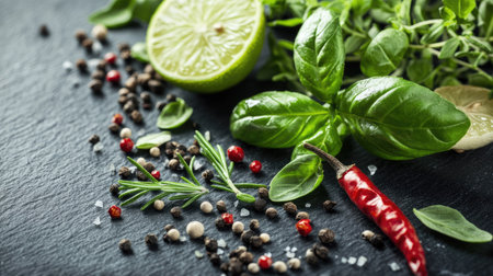 Fresh herbs like rosemary and basil with a variety of pepper seeds and lime on a slate table, perfect for creating vibrant food imagery.の素材