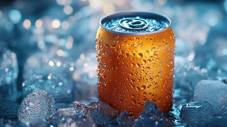 Frosty can of cold drink on ice cubes, with water droplets on the surface, highlighting its refreshing coldness. --の素材