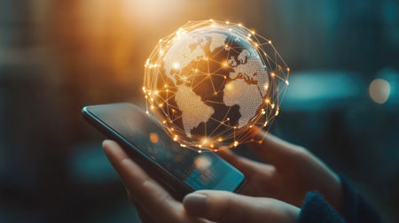 global network concept,Businessman holding global network connection on smart phone strategy and smart intelligence, digital marketing, Technology and global business.の素材
