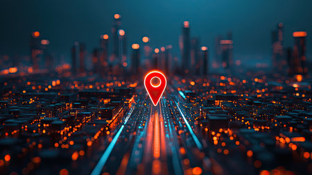 Futuristic cityscape with a red map pin on an advanced, glowing roadway. -の素材