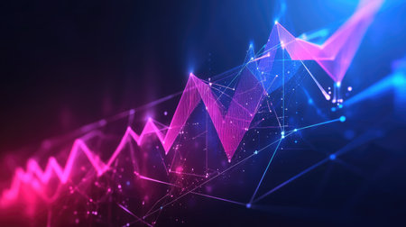 Geometric abstract 3D financial graph with dynamic shapes and glowing elements.の素材