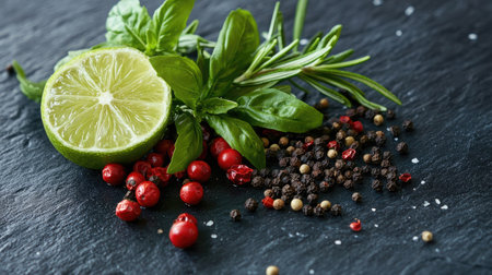 Fresh rosemary and basil with a mix of pepper seeds and lime on a slate table, ideal for food photography and cooking content. -の素材