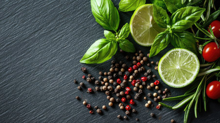 Fresh rosemary and basil with a mix of pepper seeds and lime on a slate table, ideal for food photography and cooking content. -の素材