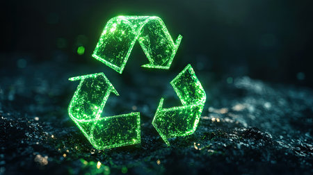 Glowing 3D recycling symbol with vibrant green elements, emphasizing eco-friendly practices. -の素材