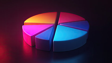 Glowing 3D financial pie chart with brightly illuminated segments against a dark background.の素材