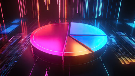 Glowing 3D pie chart segments in a financial illustration with a radiant, high-tech look.の素材