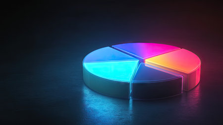 Glowing 3D financial pie chart with brightly illuminated segments against a dark background.の素材