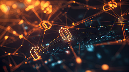 Glowing 3D financial network with interconnected dollar, euro, and yen symbols in a digital space.の素材