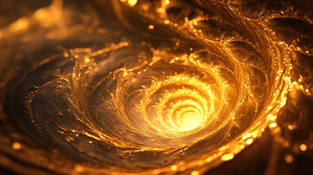 Glowing 3D golden vortex with intricate spirals, creating a sense of movement and richness.の素材
