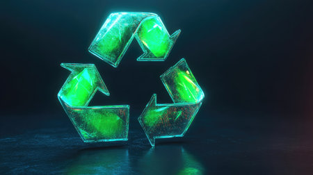Glowing 3D recycling symbol with vibrant green arrows, symbolizing environmental awareness.の素材