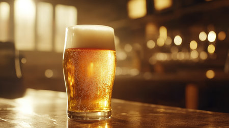 Golden beer in a pint, with warm, soft light highlighting its frothy head and rich color.の素材