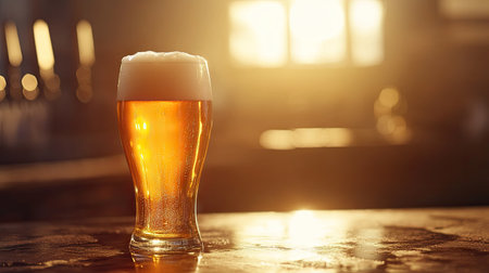 Golden beer with a frothy head, bathed in warm, soft light, creating a welcoming and serene atmosphere.の素材