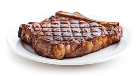 Grilled beef steak with bone on a white plate, isolated against a white background. The simplicity highlights the steak's succulent texture.の素材