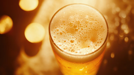 Golden beer in a pint glass, surrounded by warm, soft light, with a thick, frothy head topping it off.の素材