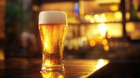 Golden beer in a tall glass, illuminated by warm, soft light, with a rich frothy head glistening invitingly. -の素材