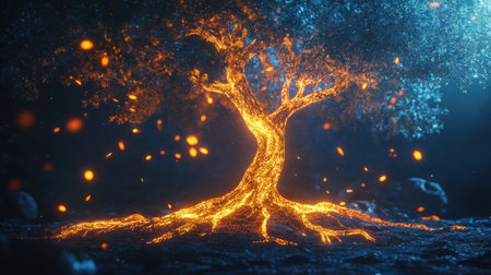 Glowing 3D tree with luminous leaves and roots, illustrating the beauty of natural energy.の素材