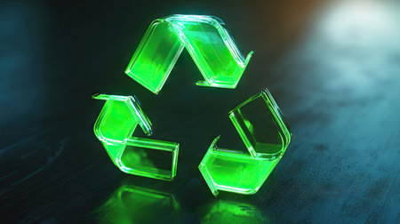 Glowing 3D recycling symbol with vibrant green arrows, symbolizing environmental awareness.の素材
