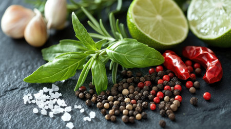 Green herbs, including rosemary and basil, alongside red, black, and white pepper seeds, lime, and salt on a slate surface. Ideal for culinary-themed visuals. -の素材