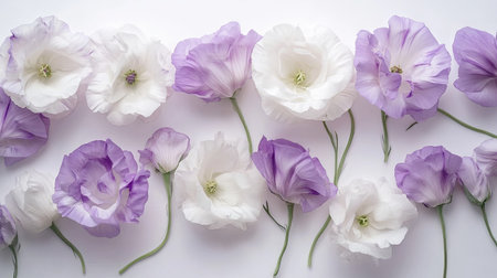 Graceful composition of white and purple eustoma flowers on a white background, with petals gently overlapping. -の素材