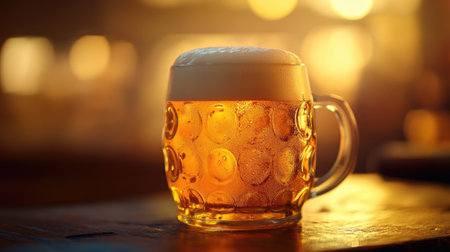 Golden beer with a thick, frothy head, warmly lit by soft light, creating a welcoming and comforting image. -の素材