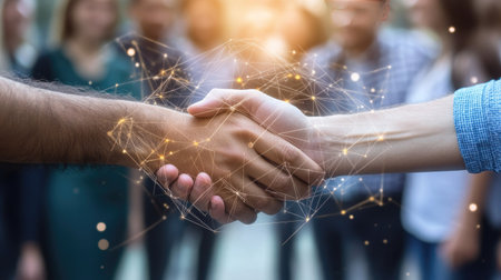 Group of multinational people shaking hands and communication network concept. Wide angle visual for banners or advertisements.の素材