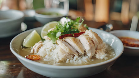 Hainanese chicken rice served with a bowl of clear soup on a dark wooden table, showcasing the classic Thai dish in a cozy setting.の素材