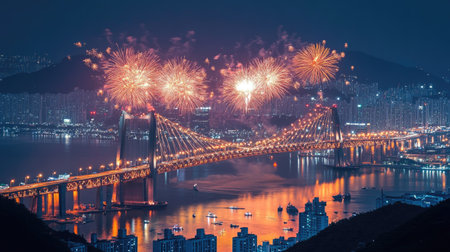 Gwangandaegyo Bridge And fireworks in Busan, South Koreaの素材