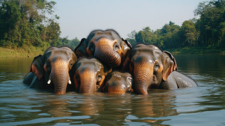 Group of elephants bathing together in an Indian lake, their trunks intertwined, creating a scene of familial bond. -の素材