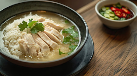 Hainanese chicken rice served with a bowl of clear soup on a dark wooden table, showcasing the classic Thai dish in a cozy setting.の素材
