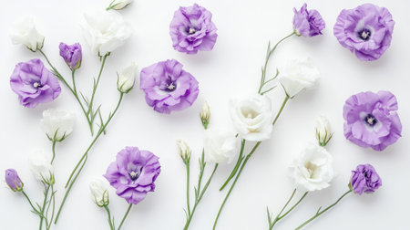 Graceful arrangement of white and purple eustoma flowers on a white background, with petals gently touching.の素材