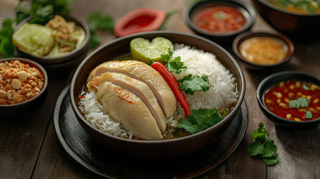 Hainanese chicken rice with a side of flavorful soup, set on a dark wooden table. Thai cuisine presentation with rich textures and colors. -の素材