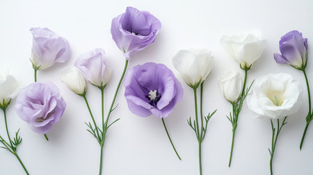 Graceful arrangement of white and purple eustoma flowers on a white background, with petals gently touching.の素材