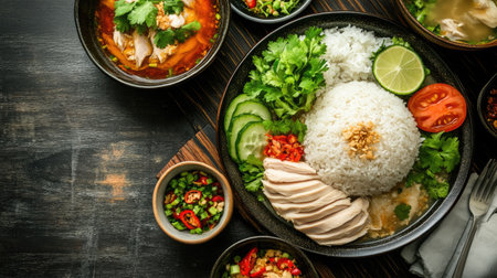 Hainanese chicken rice and soup on a dark wooden table, focusing on the traditional Thai meal's presentation and flavors. Ideal for showcasing Thai cuisine.の素材