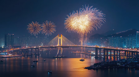 Gwangandaegyo Bridge And fireworks in Busan, South Koreaの素材