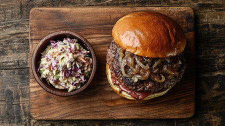 BBQ burger with caramelized onions and a side of coleslaw, shot from above on a board. -の素材