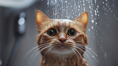 A cat in a shower with a playful look, water streaming down its face.の素材