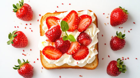 Close-up top view of honey toast with fresh strawberries and whipped cream, isolated on a white background.の素材