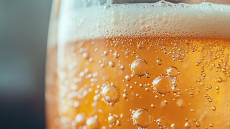 Detailed view of a light beer glass with bubbles rising and a frothy top.の素材