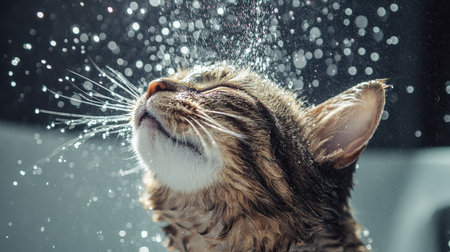 A wet cat shaking off water in a shower, droplets flying everywhere.の素材