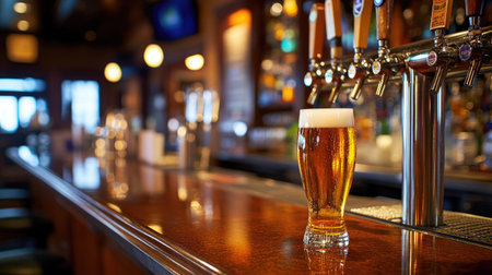 A stylish bar setup with various beers on tap and a glass of beer in focus.の素材