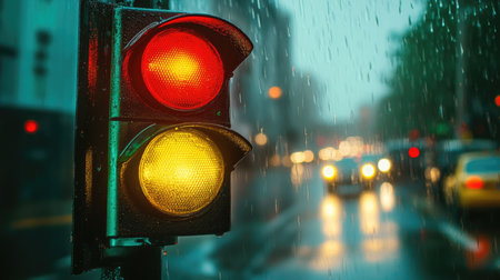 A vibrant traffic light shining brightly against a backdrop of rainy city streets.の素材