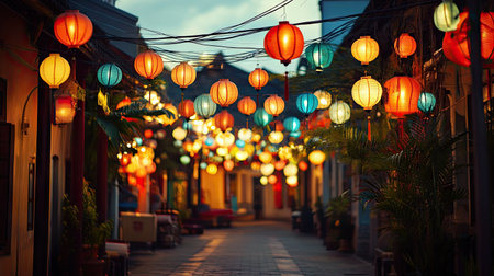 A street filled with colorful paper lanterns and bright lights during a festival.の素材