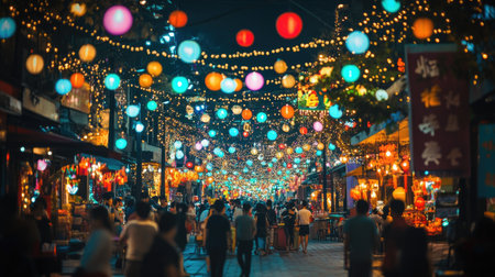 Brightly lit festival street with hanging fairy lights and bustling crowds.の素材