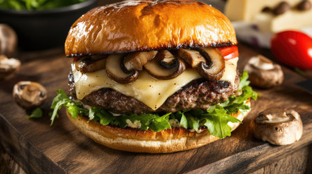 Burger topped with mushrooms and Swiss cheese, placed on a wooden cutting board.の素材